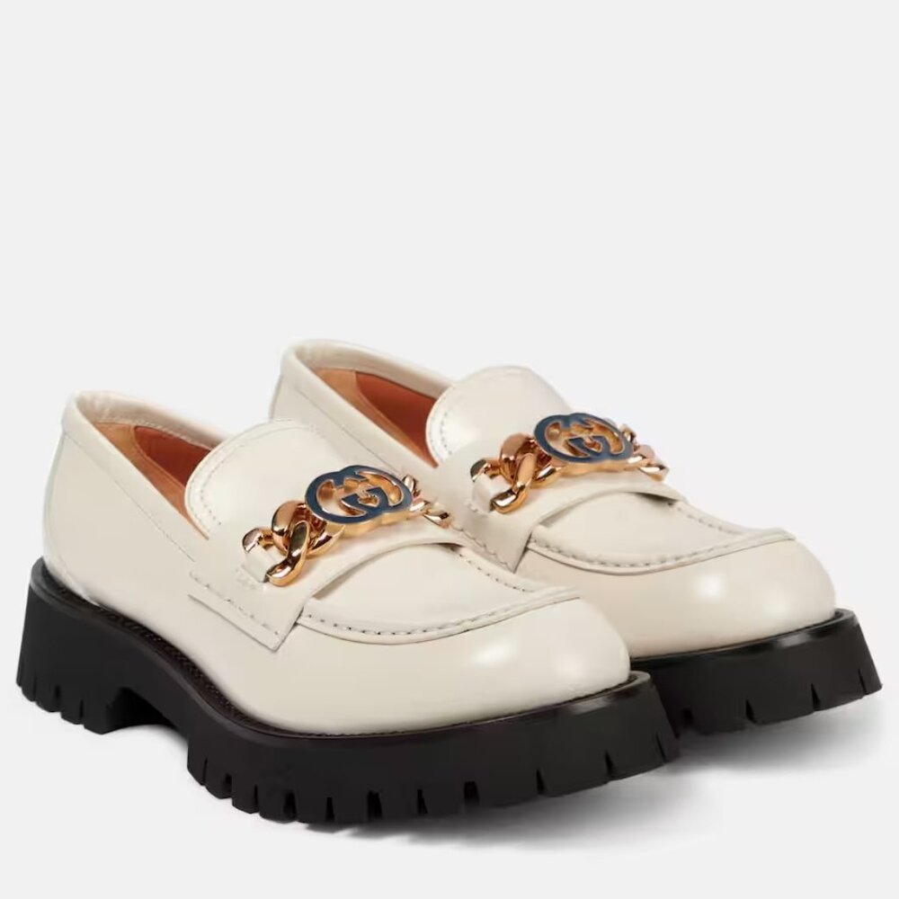Gucci Women Jeanne Double GG Logo White Leather platform loafers